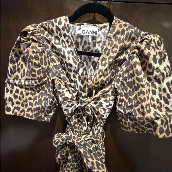 GANNI Leopard Printed Cotton Tie Strap Midi Dress - Picture 7 of 8